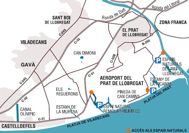 Mapa amb la ubicaci dels espais Naturals del Delta del Llobregat